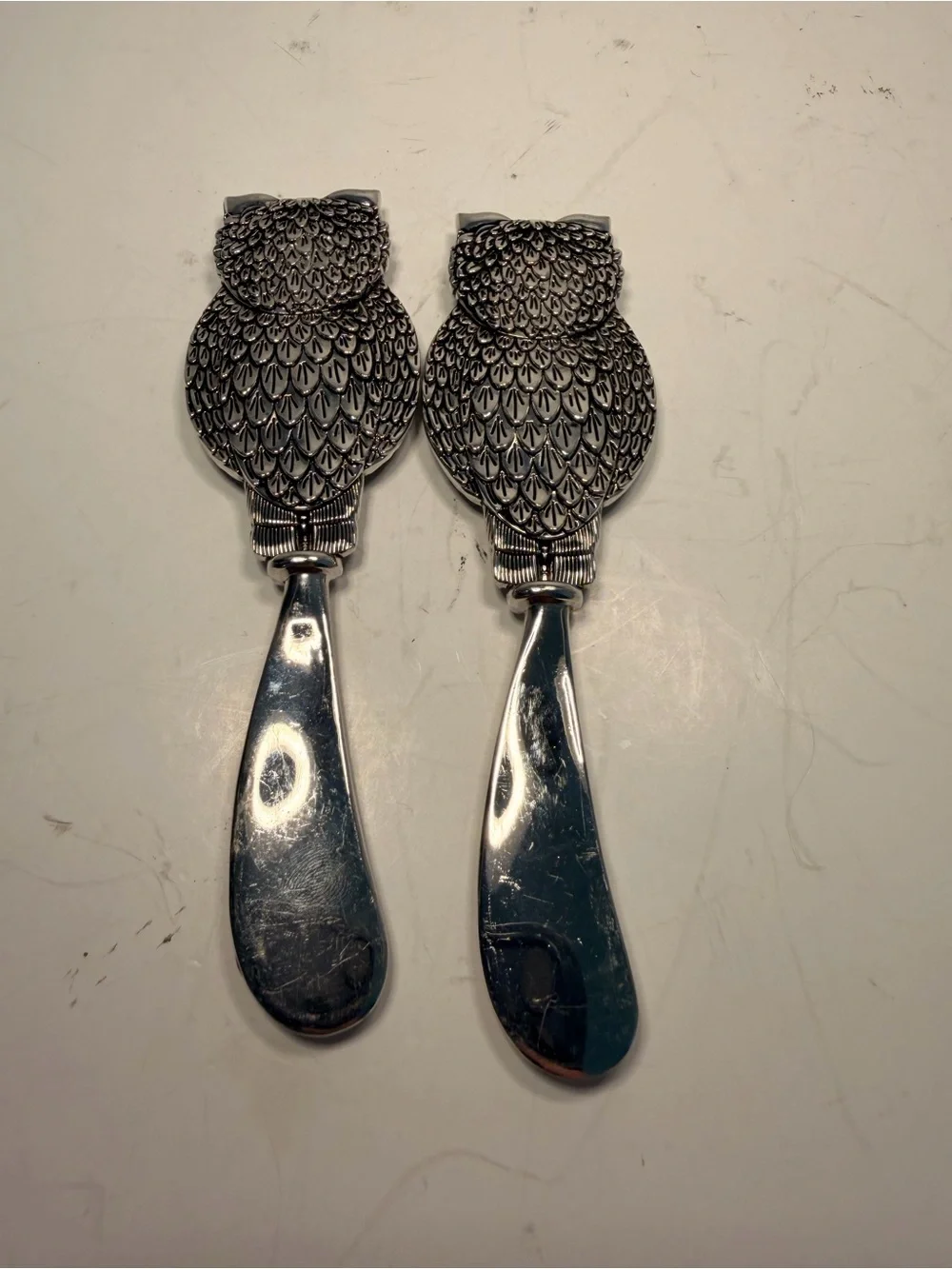 Set of 2 Silver Tone Metal Owl Butter Spreader Knives